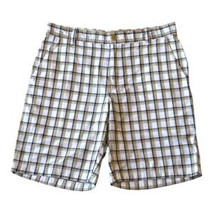 IZOD Plaid Golf Shorts 32 - Khaki & Navy Blue 100% Cotton Preppy Chino Shorts